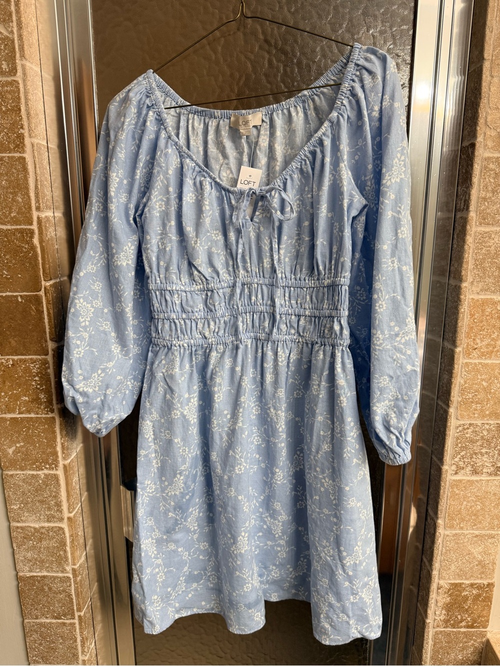 LOFT Light Blue Floral Smocked Waist Dress
